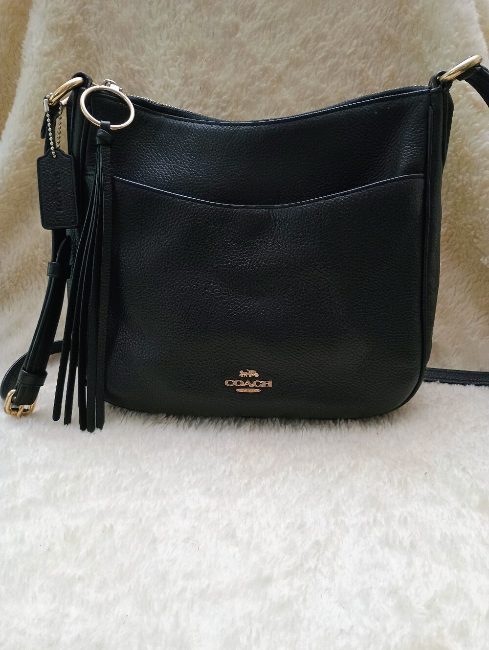 COACH Black Polished Pebble Leather Chaise Crossbody Bag (Style 35543)